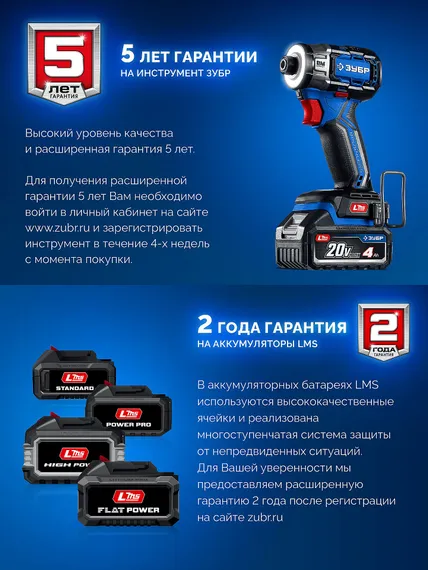 ЗУБР 20 В, 190 Н·м, 2 АКБ LMS (4 А·ч), бесщеточный ударный винтоверт, кейс, ПРОФЕССИОНАЛ (GVB-190-42)