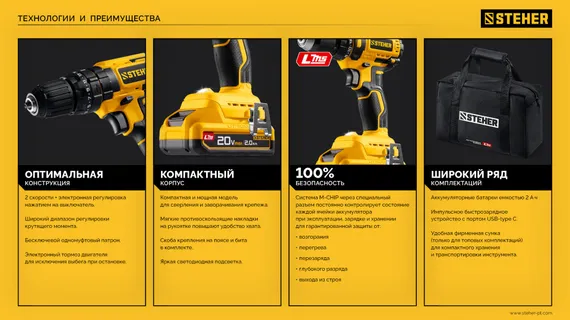 Ударная дрель-шуруповерт, STEHER 20 В, 40 Н·м, без АКБ (LMS), (CDS-40)