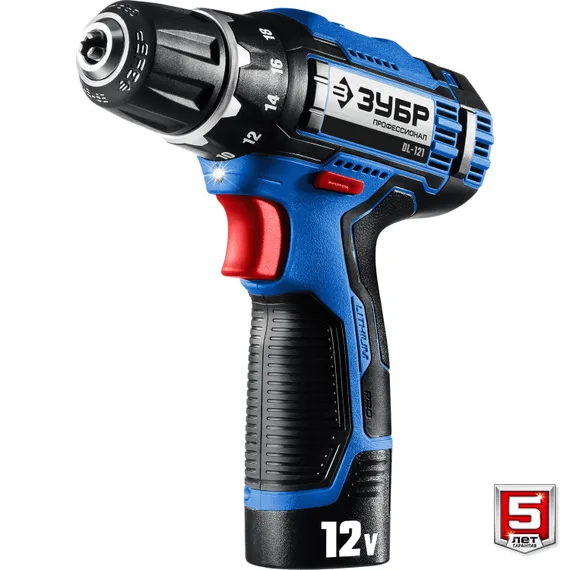 Дрель-шуруповерт + LED фонарь, ЗУБР 12 В, 40 Н·м, 2 АКБ тип Т7 (2 А·ч), кейс, Профессионал (DL-121-22F)