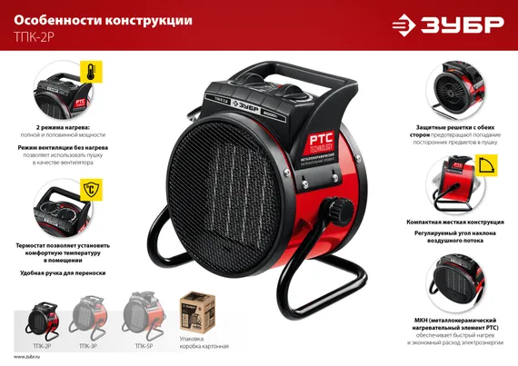 ЗУБР 2 кВт, электрическая тепловая пушка (ТПК-2Р)