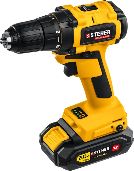 Бесщеточная дрель-шуруповерт, STEHER V1, 20 В, 45 Н·м, 1 АКБ (2 А·ч), кейс (CDB-200-1)