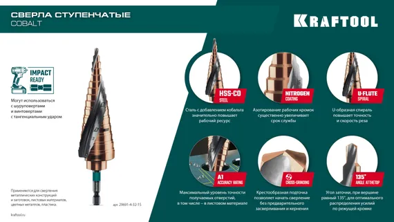 KRAFTOOL COBALT 6-30мм, 13 ступеней, азотирование, винтовая спираль, сверло ступенчатое(29691-6-30-13)