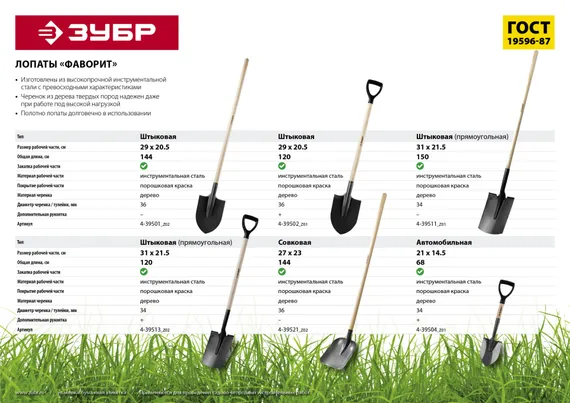 ЗУБР Фаворит, 290 х 205 х 1440 мм, полотно 1.7 мм закалено, дерев. лакир. черенок высш. сорт, тип ЛКО, штыковая лопата, Профессионал (4-39501)