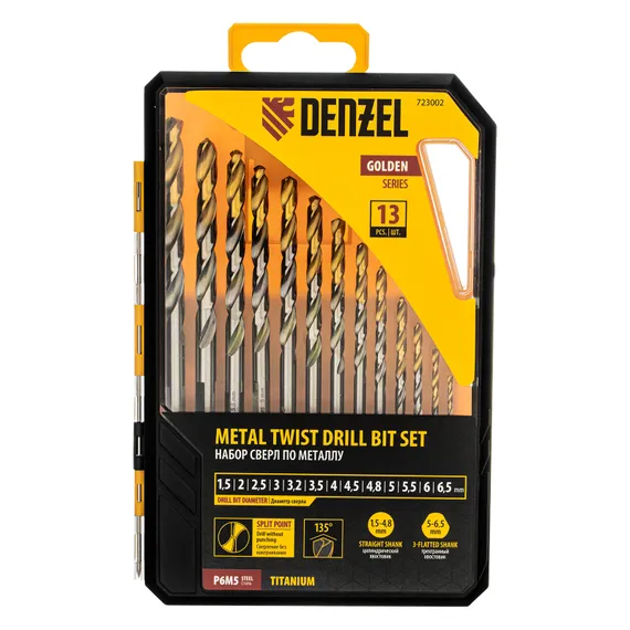 Набор сверл по металлу, 1,5-6,5мм, Р6М5-TiN, Golden Tip, 13 шт Denzel