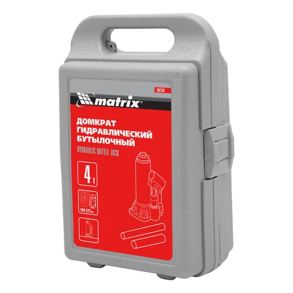 Домкрат гидравлический бутылочный, 4 т, высота подъема 194-372 мм, в пластиковый кейсе Matrix