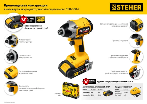 Бесщеточный винтоверт, STEHER V1, 20 В, 300 Н·м, 2 АКБ (2 А·ч), кейс (CSB-300-2)
