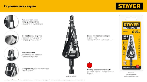 STAYER Pro-Max 4-12мм, 9 ступеней, винтовая спираль, сверло ступенчатое (29661-4-12-9)