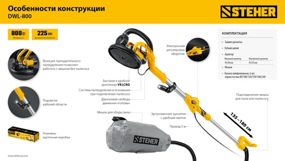 Шлифовальная машина для стен (жираф) с удлиненной рукояткой, STEHER d225 мм, 800 Вт, подсветка, (DWL-800)