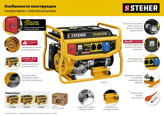 Бензиновый генератор с электростартером STEHER 5500 Вт (GS-6500E)