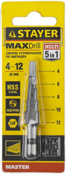 STAYER 4-12 мм, 5 ступеней, сталь HSS, ступенчатое сверло (29660-4-12-5)
