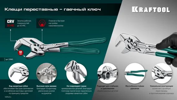 KRAFTOOL Vise-Wrench, 250 мм, клещи переставные-гаечный ключ (22065)