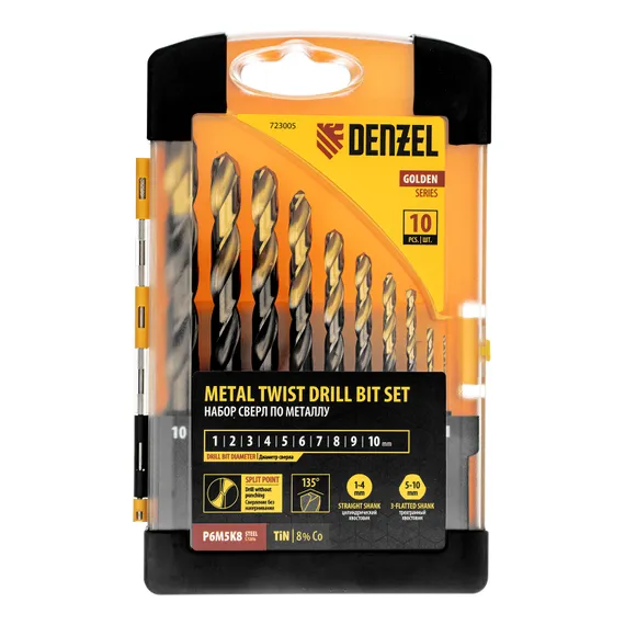 Набор сверл по металлу, 1-10 мм, Р6М5К8-TiN, Golden Tip, 10 шт Denzel