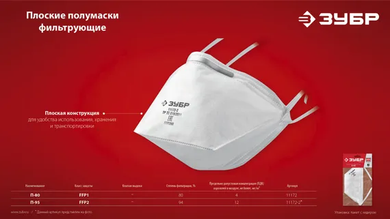 ЗУБР П-95, класс защиты FFP2, плоская, фильтрующая полумаска (11172-2)