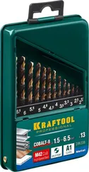 KRAFTOOL COBALT-8, 13 шт, (1.5-6.5 мм), сталь М42, HSS-Co(8%), набор сверл по металлу (29656-H13)
