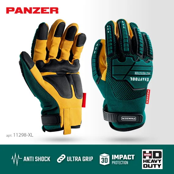 KRAFTOOL PANZER р.XL (10), профессиональные комбинированные перчатки, виброзащита, увеличенные противоударные накладки (11298-XL)