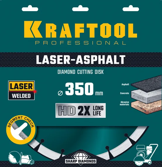 KRAFTOOL LASER-ASPHALT 350 мм (25.4/20 мм, 10х3.2 мм), алмазный диск (36687-350)