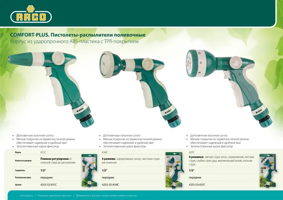 RACO 437C, 8 режимов, курок спереди, с соединителем 1/2″, пластиковый с TPR, поливочный пистолет (4255-55/437C)