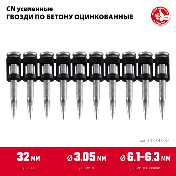 ЗУБР CN усиленные 32 х 3.05 мм, гвозди по бетону оцинкованные, 1000 шт (305387-32)