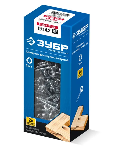 ЗУБР 19 х 4.2 мм, редкая резьба, ТХ20, цинк, 600 шт, саморез для глухих отверстий, Профессионал (30081-42-019)