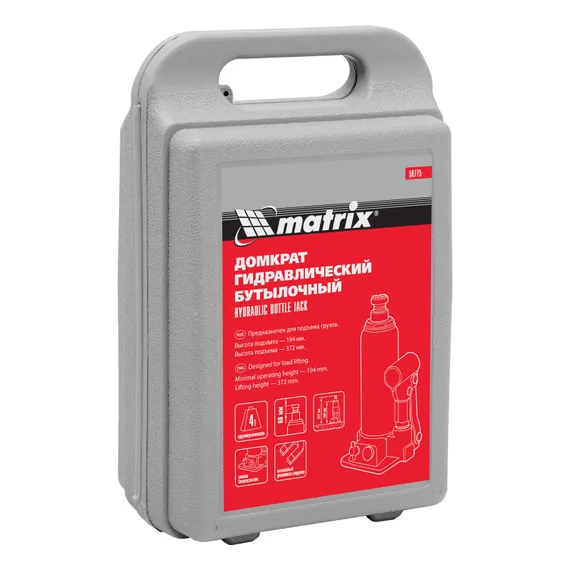 Домкрат гидравлический бутылочный, 4 т, h подъема 194-372 мм, в пластиковом кейсе Matrix