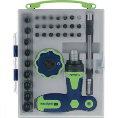 Отвертка Т-образная и трещотка, реверсивные с набором бит, торцевых головок, 34 предмета, CrV Сибртех