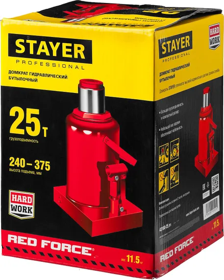 STAYER RED FORCE, 25 т, 240 - 375 мм, бутылочный гидравлический домкрат, Professional (43160-25)