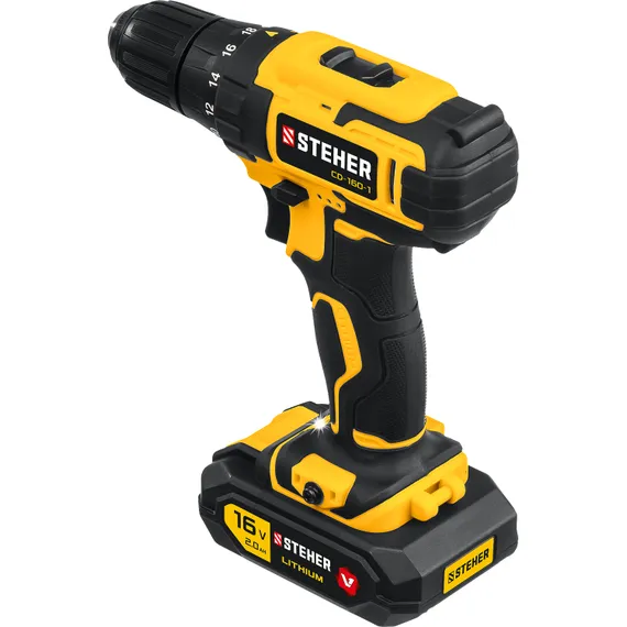 Дрель-шуруповерт, STEHER 16 В, 35 Н·м, 1 АКБ (2 А·ч), кейс (CD-160-1)