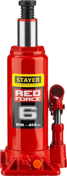 STAYER RED FORCE, 6 т, 216 - 413 мм, бутылочный гидравлический домкрат, Professional (43160-6)