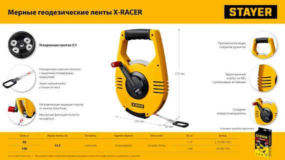 STAYER Racer, 50 м, геодезическая стальная мерная лента, Professional (2-34186-050)