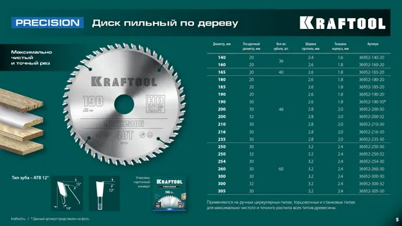 KRAFTOOL Precision, 165 х 20 мм, 40Т, пильный диск по дереву (36952-165-20)
