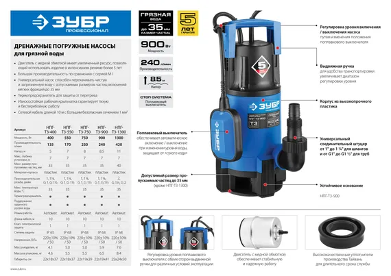 ЗУБР 750 Вт, дренажный насос для грязной воды, Профессионал (НПГ-Т3-750)