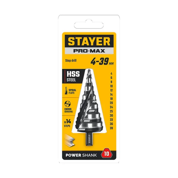 STAYER Pro-Max 4-39мм, 14 ступеней, винтовая спираль, сверло ступенчатое (29661-4-39-14)