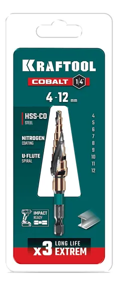 KRAFTOOL COBALT 4-12мм, 9 ступеней, азотирование, винтовая спираль, сверло ступенчатое(29691-4-12-9)
