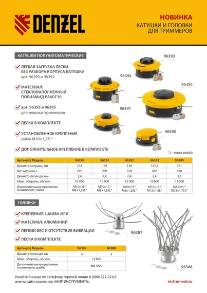 Катушка триммер. полуавтомат., гайка М10, М10, М12, лев. шаг 1,25 1,5 1,5мм Denzel