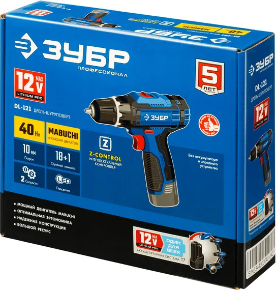 Дрель-шуруповерт, ЗУБР 12 В, 40 Н·м, без АКБ (тип Т7), Профессионал (DL-121)