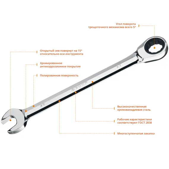 ЗУБР 27 мм, комбинированный трещоточный гаечный ключ, Профессионал (27074-27)