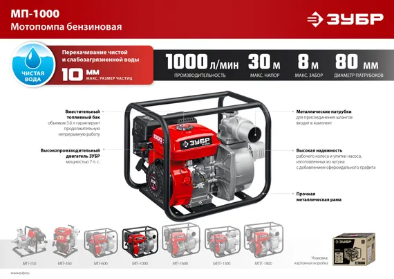 ЗУБР 1000 л/мин, мотопомпа бензиновая (МП-1000)