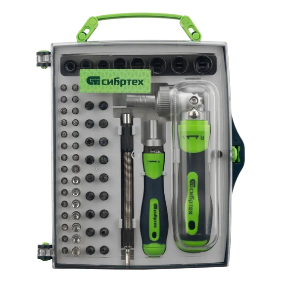 Отвертки реверсивные с набором бит, торцевых головок, 61 предмет, CrV Сибртех