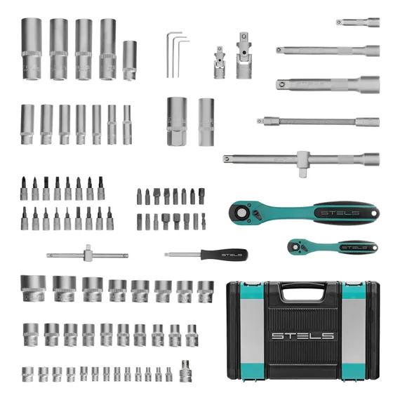 Набор инструментов 1/2", 1/4", CrV, 12 гранные головки, пластиковый кейс, 94 предмета Stels