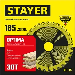STAYER Optima, 185 x 30/20 мм, 30T, оптимальный рез, пильный диск по дереву (3681-185-30-30)