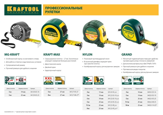 KRAFTOOL NYLON 5м / 25мм рулетка с ударостойким обрезиненным корпусом