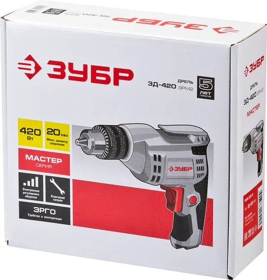 Дрель реверсивная, ЗУБР ЗД-420ЭРМ2, ключевой патрон, 10мм, 420 Вт