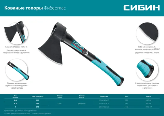 СИБИН Фибергласс, 600/880 г, 380 мм, кованый топор (2080-06)