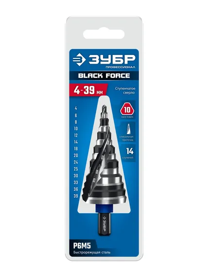 ЗУБР BLACK FORCE 4-39мм, 14 ступеней, винтовая проточка, сверло ступенчатое, ПРОФЕССИОНАЛ (29671-4-39-14)
