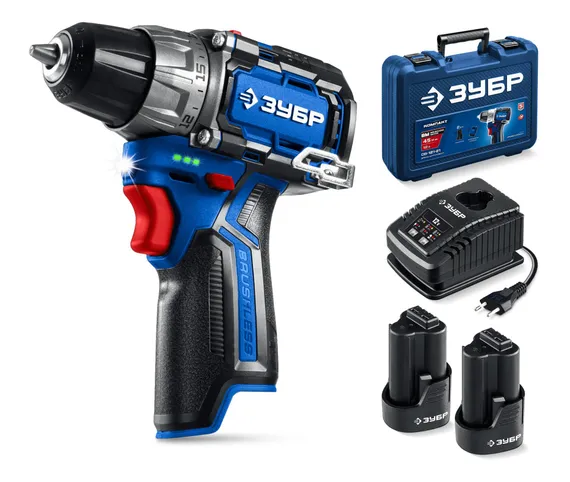 Дрель-шуруповерт, ЗУБР КОМПАКТ #3, 12 В, 45 Н·м, 2 АКБ тип Т7 (2 А·ч), BRUSHLESS, кейс, Профессионал (DB-121-22)