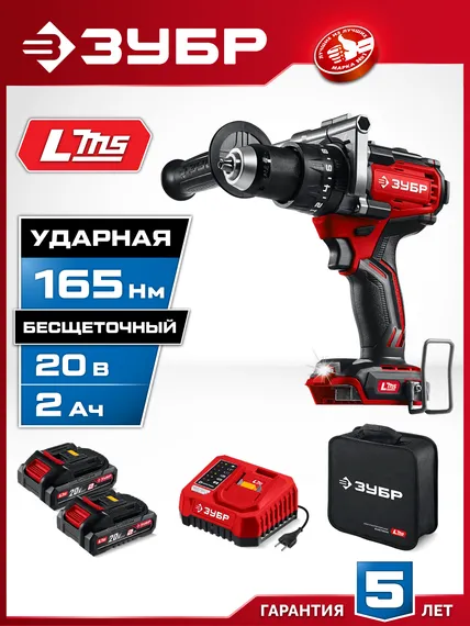 Бесщеточная ударная дрель-шуруповерт, ЗУБР 20 В, 165 Н·м, 2 АКБ LMS (2 А·ч), сумка (ДБУ-165-22)