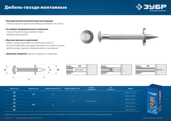 ЗУБР ДГМ, 40 x 4.5 мм, цинк, 1 кг, монтажный дюбель-гвоздь , Профессионал (3063-45-40-1)