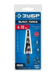 ЗУБР BLACK FORCE 4-12мм, 9 ступеней, винтовая проточка, сверло ступенчатое, ПРОФЕССИОНАЛ (29671-4-12-9)