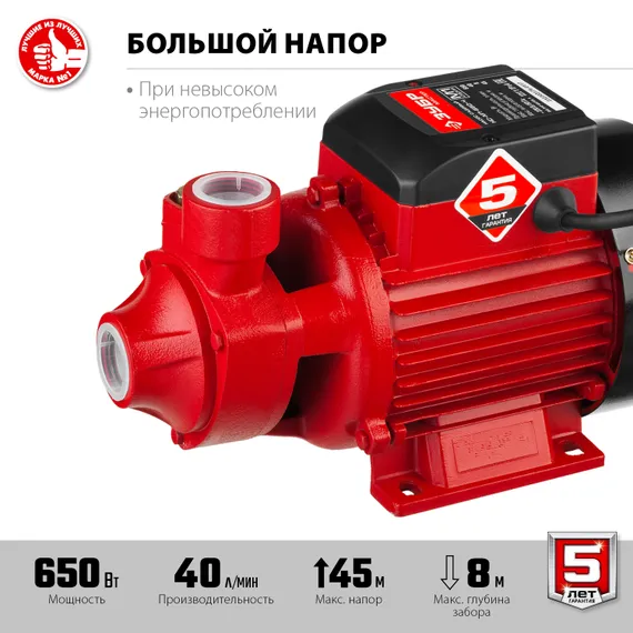 Поверхностный вихревой насос ЗУБР 650 Вт корпус из чугуна (НС-М1-650-Ч)