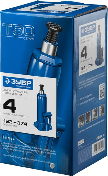 ЗУБР 4 т, 192 - 374 мм, бутылочный гидравлический домкрат, Профессионал (43060-4)